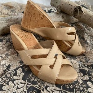 Delman Bisque Carla- Patent Leather Sandal With Cork Wedge Heel